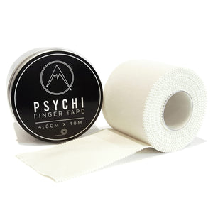 Roll of white physio tape and a black carry tin on a white background.