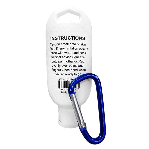 a white bottle with 40ml liquid chalk and a blue carabiner