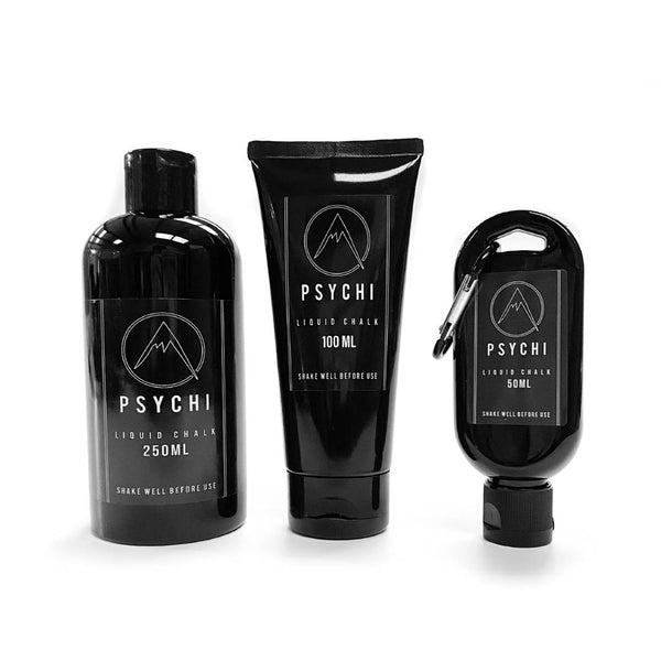 50ml, 100ml and 250ml black bottles of psychi liquid gym chalk