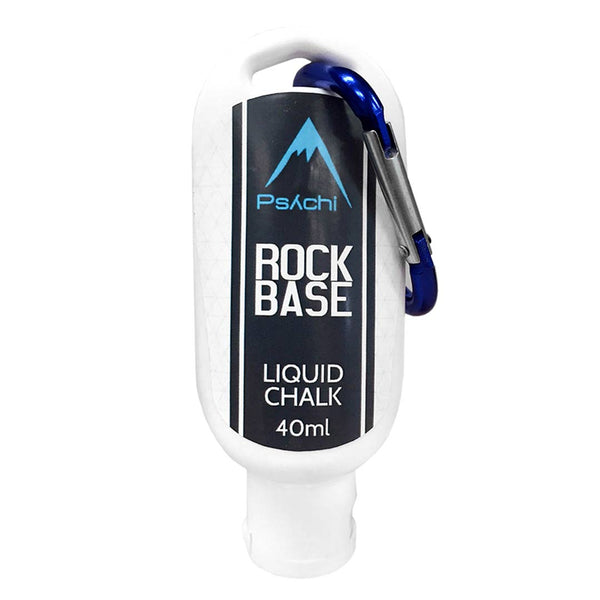 A white bottle containing 40ml liquid climbing chalk and a blue carabiner