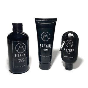 Three bottles of Psychi liquid climbing chalk in sizes 50ml 100ml and 250ml 