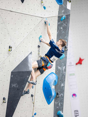 Psychi climber Joe Walmsley competing at the senior lead climbing cup in Augsburg Germany 2024