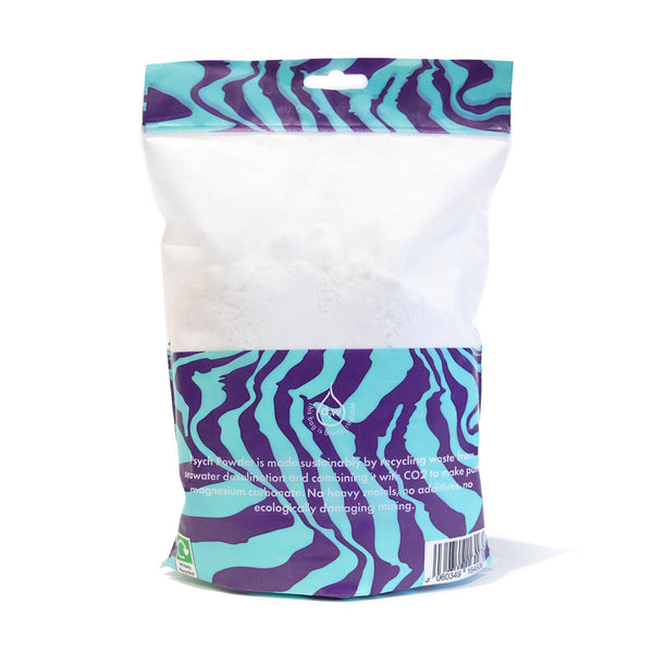 A resealable bag of climbing chalk, made sustainably from seawater and packaged in the Uk