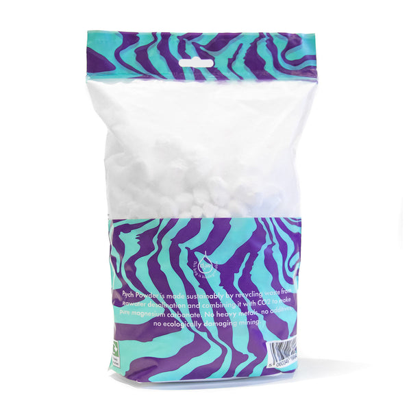 A resealable bag of climbing chalk, made sustainably from seawater and packaged in the Uk