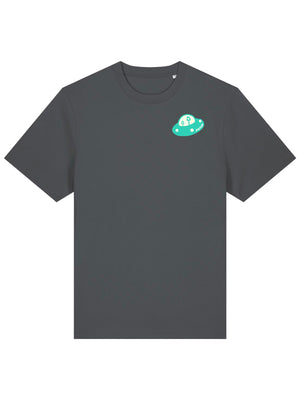 Flat lay of a climbing t-shirt with stylised UFO mountain design