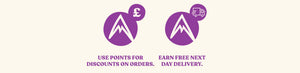 Four icons explaining ways to redeem loyalty points on rock climbing equipment with Psychi