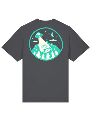 Flat lay unisex bouldering wear t-shirt featuring ufo graphic 