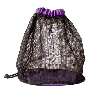 A purple and black mesh climbing shoe bag.