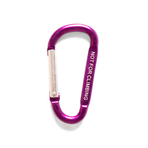 A purple carabiner with 'not for climbing' in white text on the side
