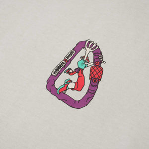 purple carabiner and mushroom climber man logo.