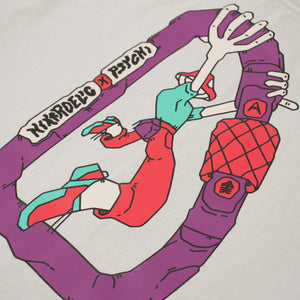 A stylized cartoon climber wearing green and orange clothing with a mushroom for a head hanging from the top of a purple carabiner.