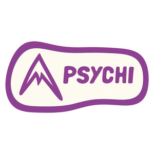 A sticker with the purple Psychi climbing shop logo surrounded by a thick purple border.
