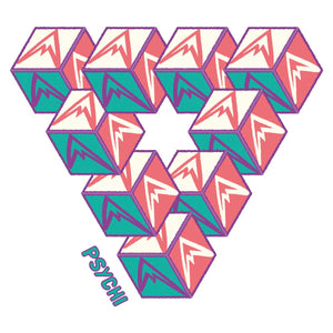 A sticker depicting series of cubes in teal, red, cream and purple in a mobius triangle. 