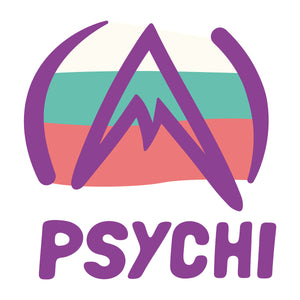 Psychi sticker depicting the Psychi logo in front of a red green and cream sunset.