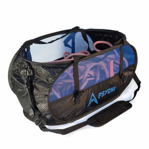 A black and blue belay bucket climbing bag with shoulder strap and blue 'PSYCHI' logo on a white background
