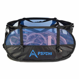 Black and blue belaying bucket with 'PSYCHI' branding on a white background