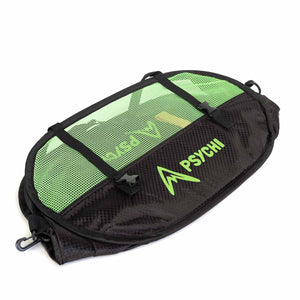 Black and green climbing belay bag with 'PSYCHI' branding on a white background
