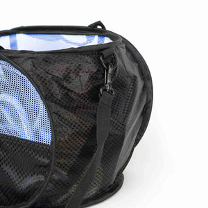 Black belay bucket with blue mesh sides and a removable shoulder strap on a white background