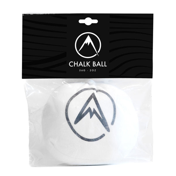 A rock climbing chalk ball in a resealable bag with black psychi climbing shop logo
