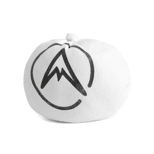 A rock climbing chalk ball with cotton mesh and a black Psychi climbing chop logo