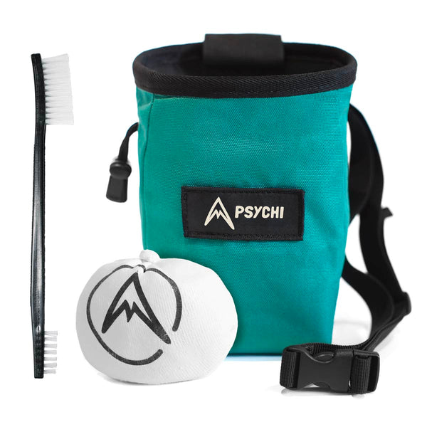 A turquoise climbing chalk bag and chalk for beginner climbers and bouldering. Includes chalk bag, brush and chalk ball.
