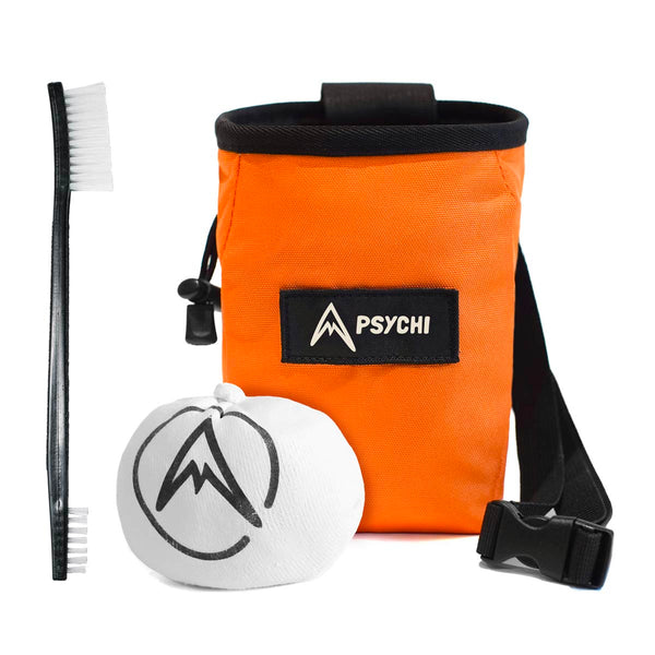 An orange climbing chalk bag and chalk for beginner climbers and bouldering. Includes chalk bag, brush and chalk ball.