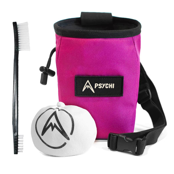 A pink climbing chalk bag and chalk for beginner climbers and bouldering. Includes chalk bag, brush and chalk ball.