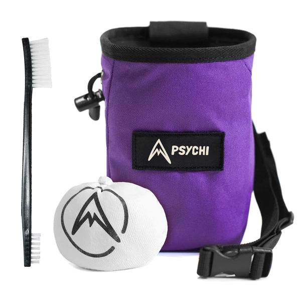 A Purple climbing chalk bag and chalk for beginner climbers and bouldering. Includes chalk bag, brush and chalk ball.