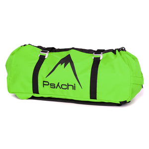 Green and black climbing rope bag with black mountain logo on a white background.