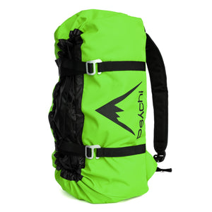 Black and green climbing rope back pack with metal buckles and black shoulder straps.