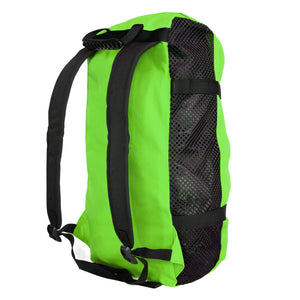 Green and black rock climbing rope bag with mesh side and black padded shoulder straps on a white background.