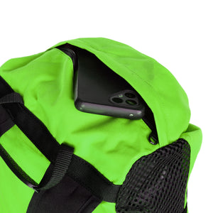 Green climbing rope back pack with a phone half way into a pocket.