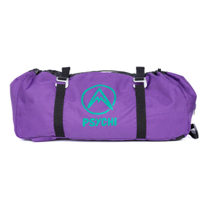 Purple climbing rope bag with black straps and a turquoise mountain logo on a white background