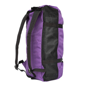 Violet climbing backpack with black mesh side panel on a white background.