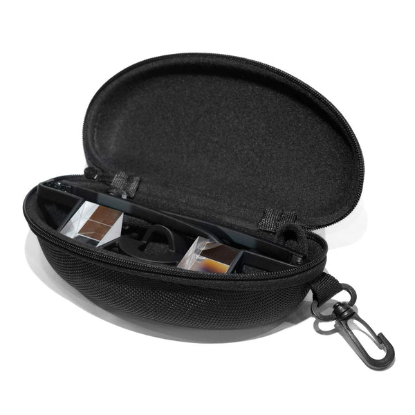 A sturdy black belay glasses case with zip closure and secure fastening clip 