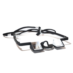A pair of black rock climbing belay glasses with neck strap