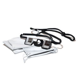 A black pair of belay glasses and a grey cleaning cloth and carry bag.