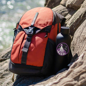 A purple sticker with a ufo and mountain scene is affixed to a black water bottle sat in the side pocket of a red climber's backpack