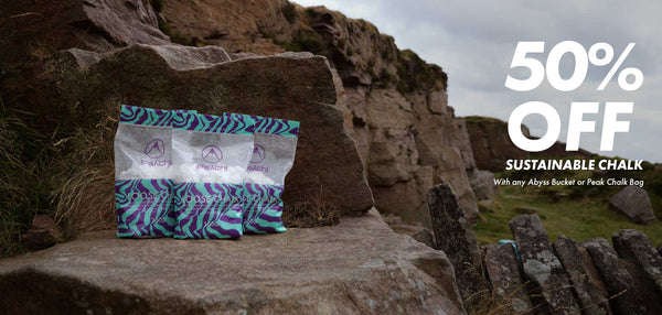 sustainable rock climbing chalk on a rock infront of a rock face at windgather rocks in the peak district