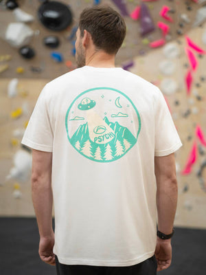 Rock climbing shirts for men and women modeled in climbing gym with stylized UFO design.