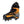 An orange and black mountain boot, fixed into black spiked crampons with thick grey plastic heel and toe fixings.