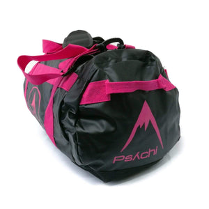 Front facing handle of Black and pink rock climbing duffle bag for climbing rock and bouldering