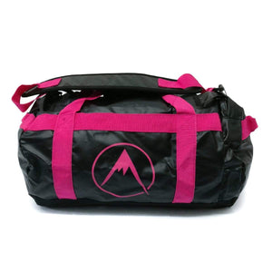 Black and pink rock climbing duffle bag for climbing rock and bouldering with pink mountain logo