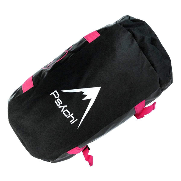 White mountain logo on the underseide of Black and pink rock climbing duffle bag for climbing rock and bouldering