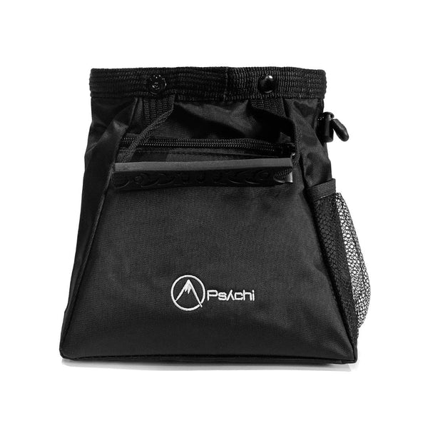Back of wide base bouldering bucket chalk bag in black with a zip pocket and white mountain logo