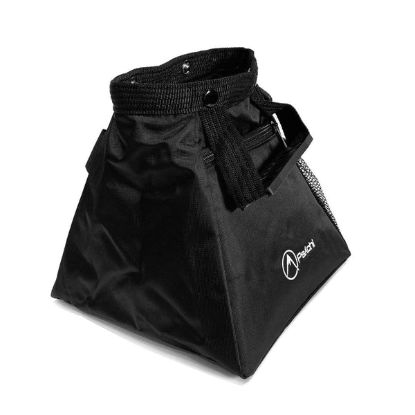 Back of wide base bouldering bucket chalk bag in black with a zip pocket and white mountain logo