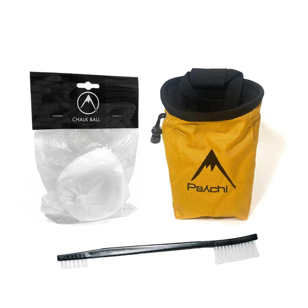 yellow climbing chalk bag with chalk ball and climbing brush