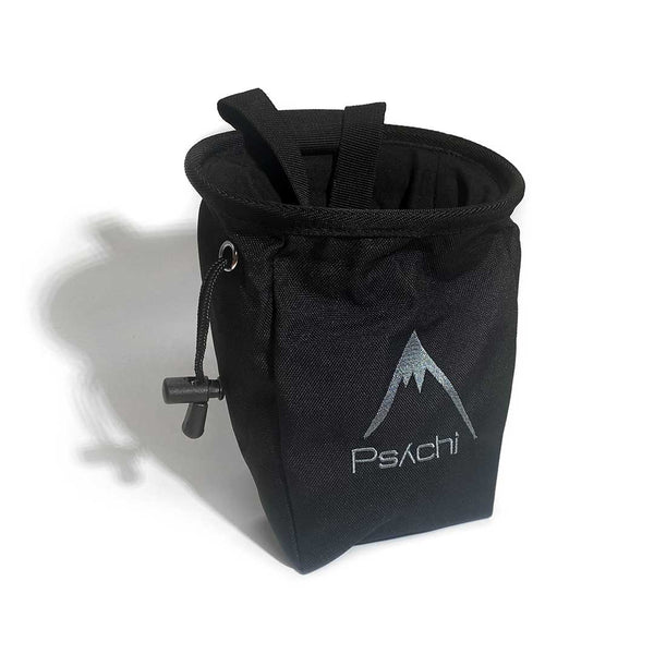 Black climbing chalk bag, with grey mountain logo. Fun Chalk bag