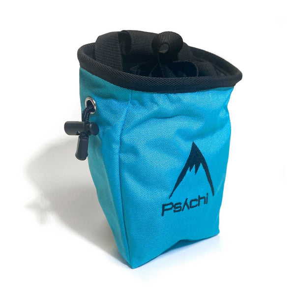 Blue chalk bag with black mountain logo, a black waist strap and a black drawstring closure.