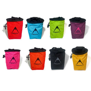 Fun climbing chalk bags in eight colours. Red, Blue, Green, Purple, Pink, Orange, Black and Yellow.